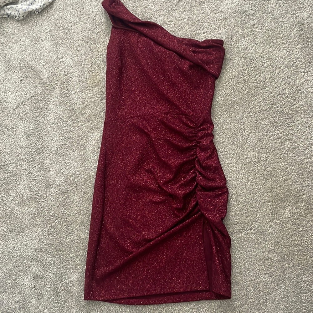 One Shoulder Mini Dress, Maroon, Size M